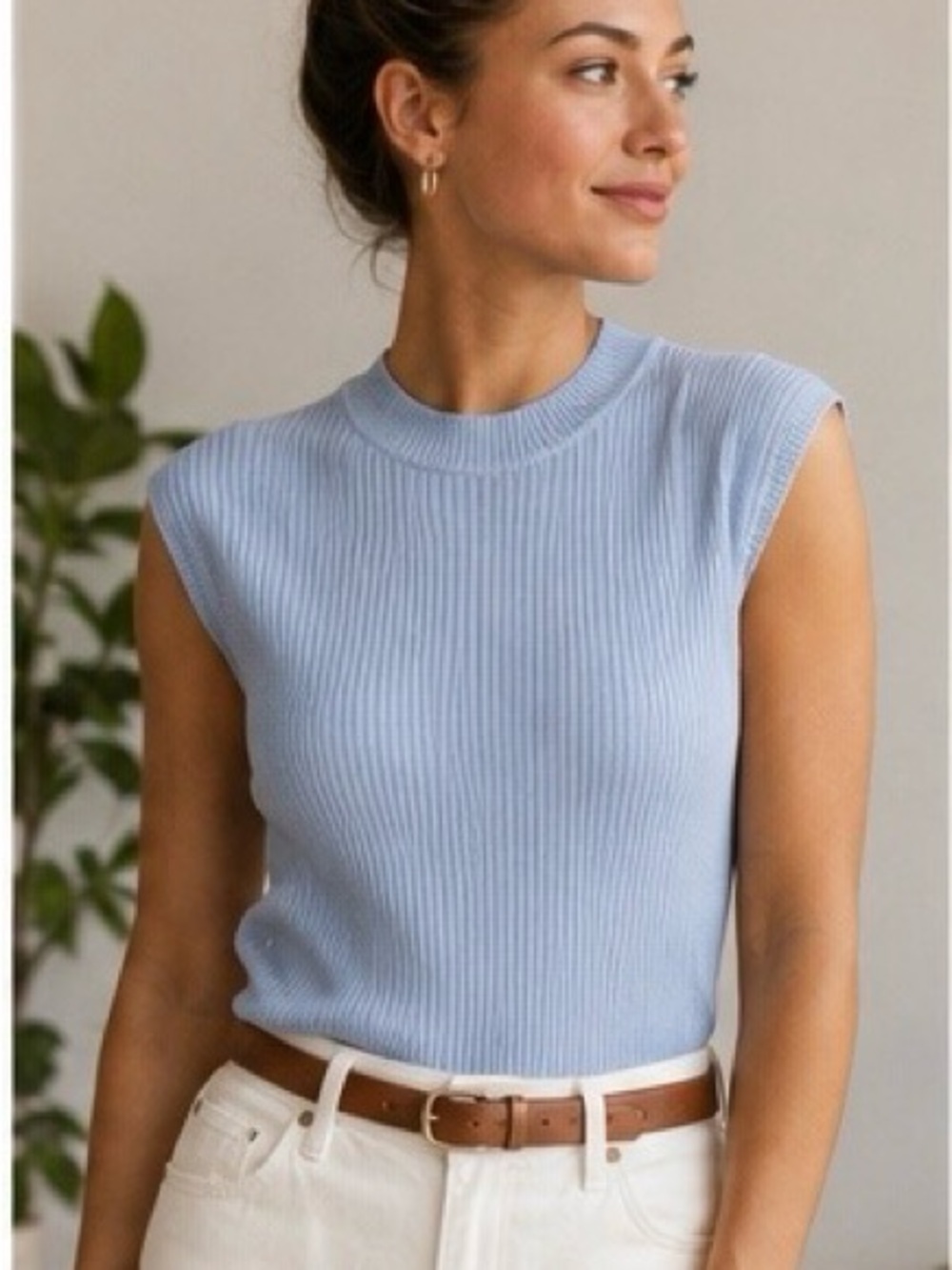 Melanie Lyne Blue Ribbed Knit Cap Sleeve Sweater Top XL